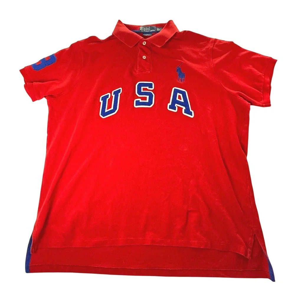 Polo Ralph Lauren Mens 2XL Red USA Custom Fit Big Pony 3 Patch Polo Shirt